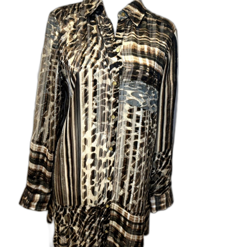 Chico's Multi-Pattern Animal Print Striped Sheer Blouse Gold Buttons Womens
